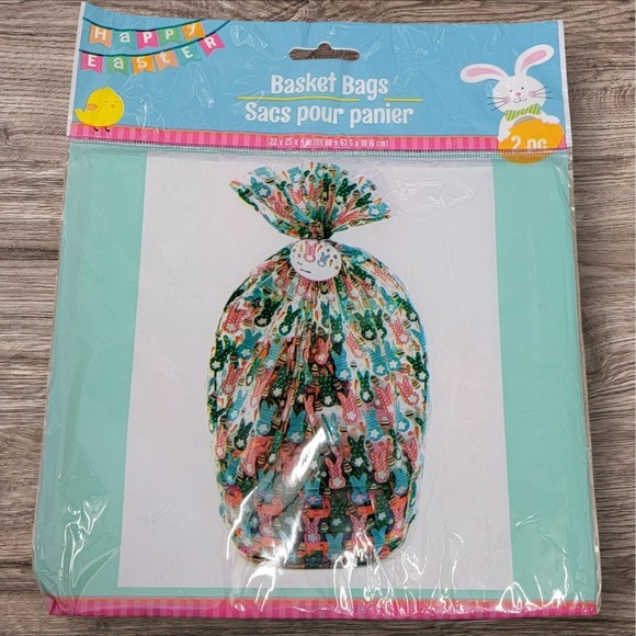Easter Basket Bag 4 Pack Cellophane‎ 22x25 Bunny Pink Orange Blue Green w/ Tags - Picture 2 of 5